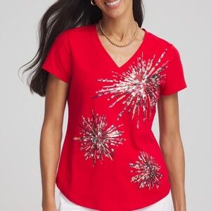 Chico's Women's Fireworks Embellished Knit Tee Sequins Patriotic Size 2 Large
